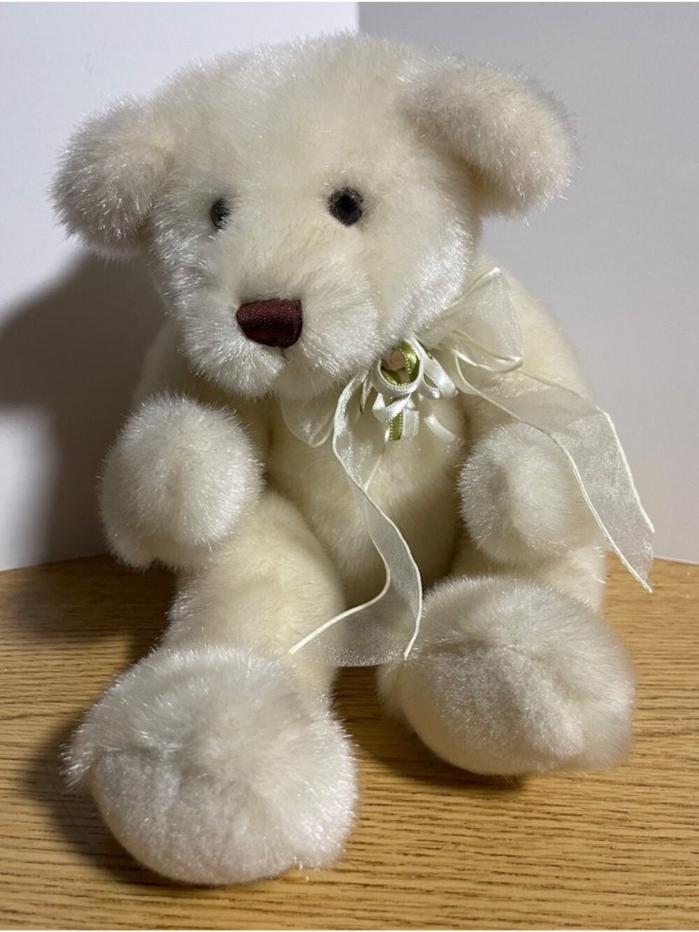 A&A Plush White Stuffed Bear With Ribbon Bow 14" Soft Polyester Vintage 1990s